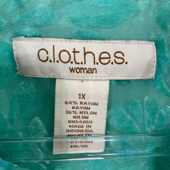 NWT Vintage C.l.o.t.h.e.s size 1X Kelly Green Floral Velvet Burn-out Button Down - Picture 2 of 11